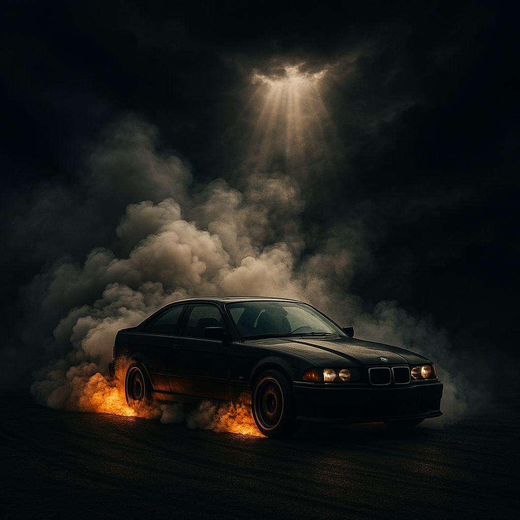 BMW E36 driftujące wśród dymu i nieba